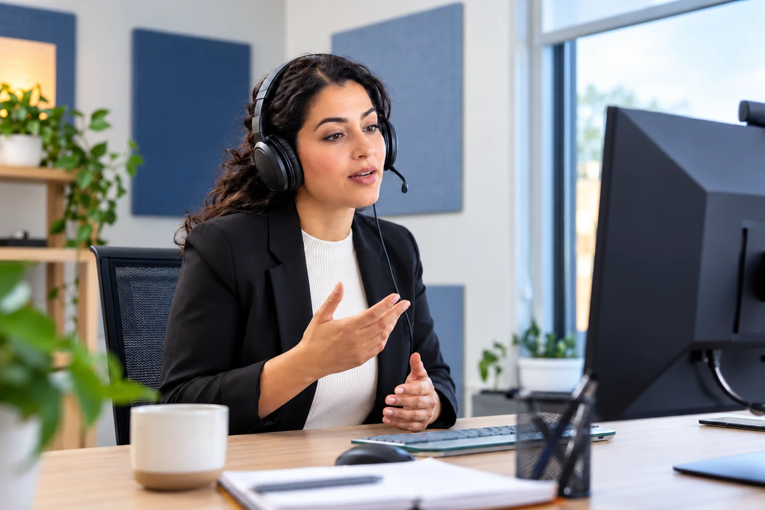 Professional telephone interpreter working with a headset