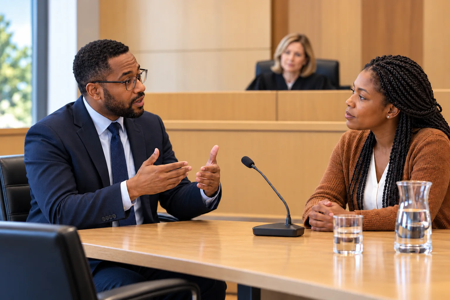 A Black male professional interpreter assisting a Black adult female client during a tribunal hearing, with a female judge in the background